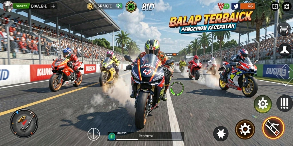 Screenshot gameplay 8ID menampilkan balapan motor yang seru dan mendebarkan.