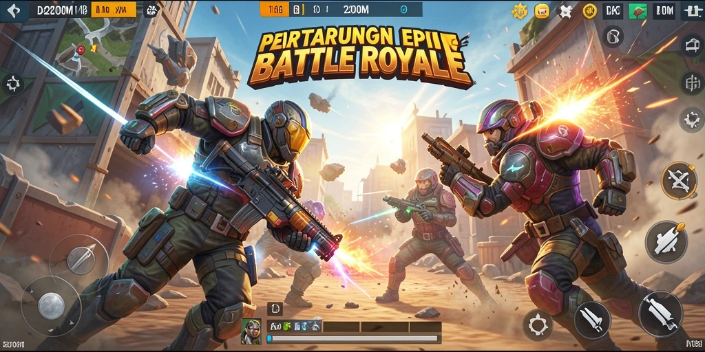 Screenshot gameplay D200M menunjukkan aksi pertarungan Battle Royale yang intens.