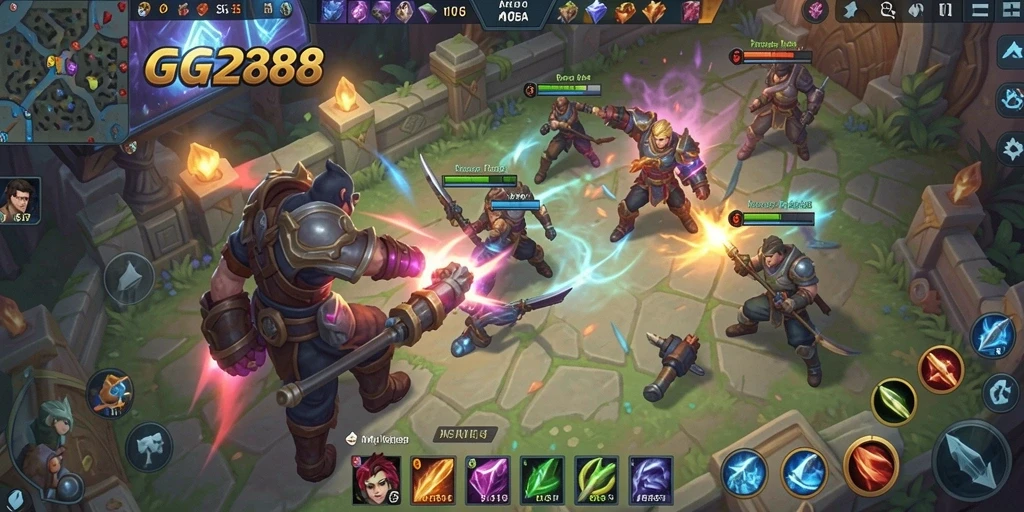 Screenshot utama GG288 menampilkan pertarungan epik di arena MOBA.