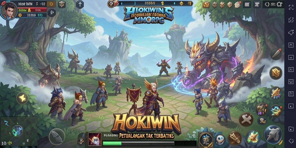 Tangkapan layar HOKIWIN menampilkan aksi epik dalam pertempuran MMORPG.