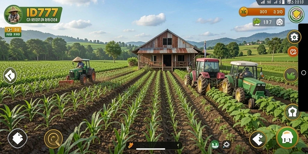 Screenshot tampilan gameplay ID777 dengan ladang bertani yang indah.