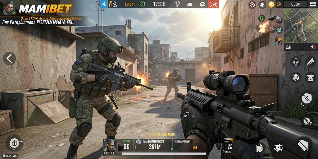 Tangkapan layar gameplay MAMIBET menampilkan aksi tembak-menembak yang mendebarkan.