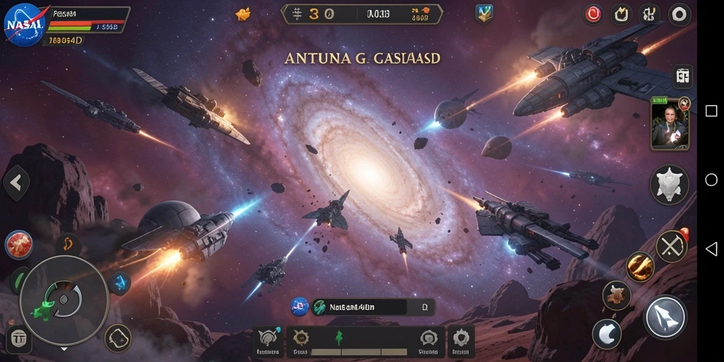 Screenshot gameplay NASA4D menampilkan pertempuran luar angkasa yang mendebarkan.