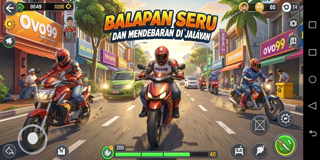 Gameplay OVO99 menampilkan balapan mendebarkan yang penuh aksi.