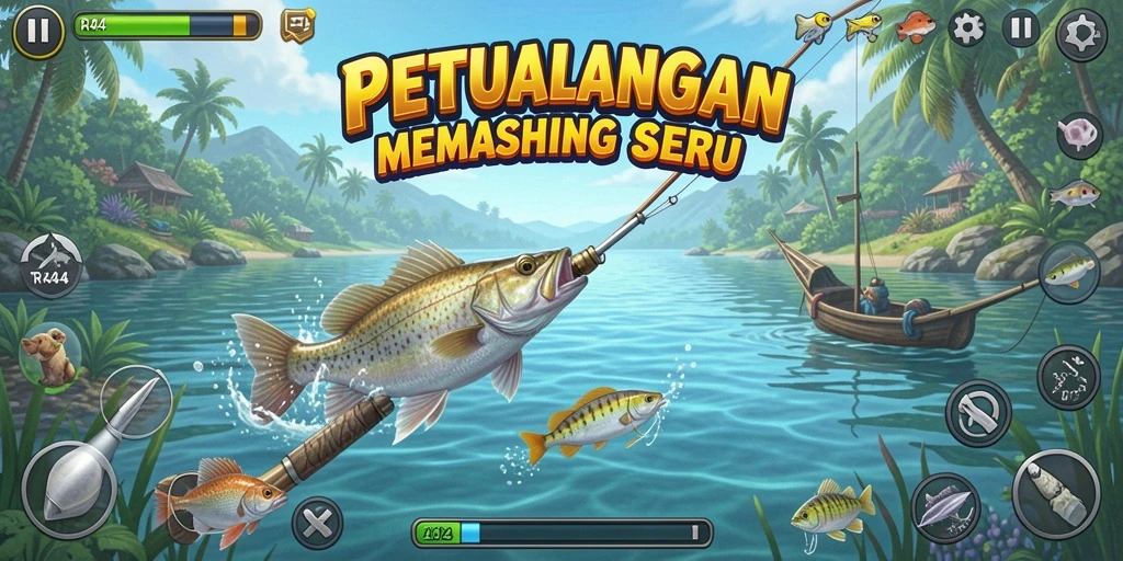 Screenshot menampilkan gameplay memancing yang seru dalam RR44.
