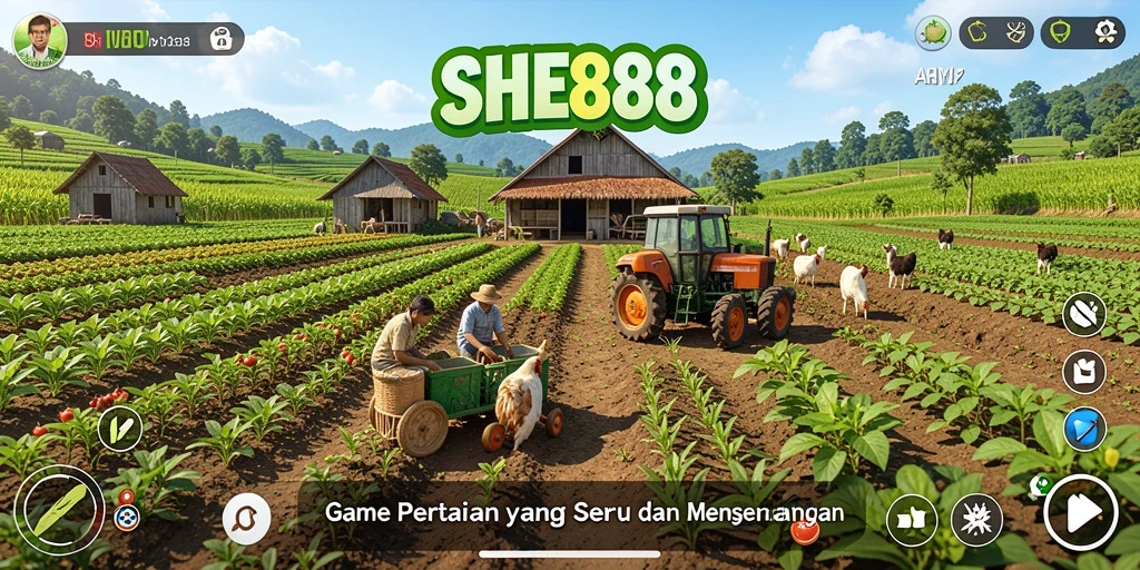 Tangkapan layar gameplay SHE888 menampilkan aktivitas pertanian yang seru.